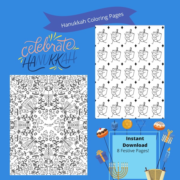 Hanukkah Printable Coloring & Activity Pages - PDF Instant Download, Kids Hanukkah Activity, Printable holiday activity, Menorah 2020 set