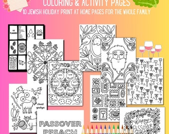 Passover Coloring Activity for Seder Plate, Baby Moses, Flowers, Plagues, Chad Gadya, and Wine for Pesach Jewish Holiday Kids Activity