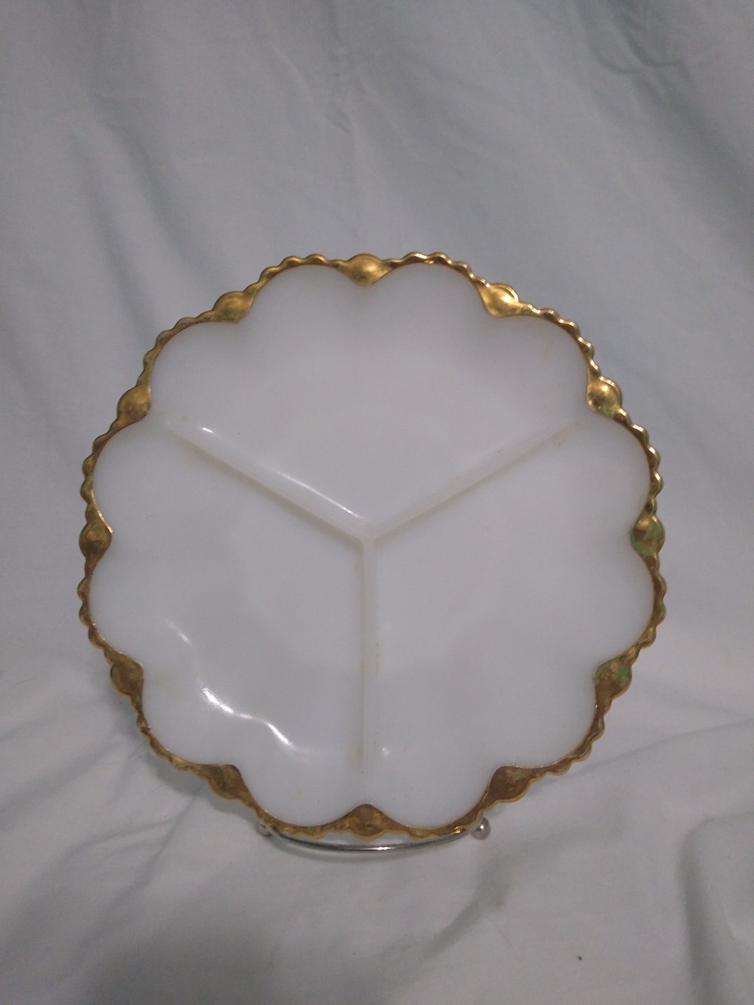 Anchor Hocking Milk Glass Serving Tray With Gold Rims Divided Etsy