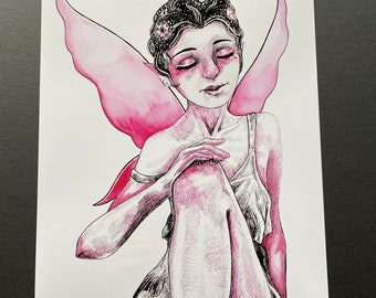 PINK FAIRY - 8"x10" Art Print, Inktober Pen and Ink Watercolor Drawing