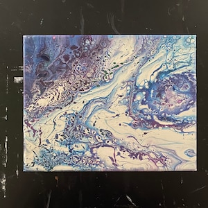 White, Blue, and Purple Acrylic Pour Painting - 8&quot;x10&quot; Fluid Art Painting