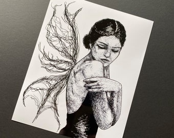 DARK FAIRY - 8"x10" Art Print, Inktober Pen and Ink Drawing