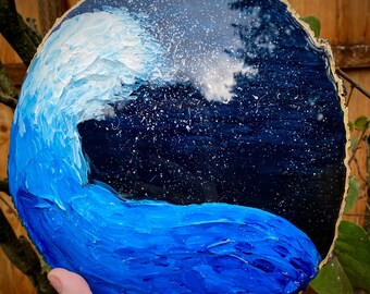 NIGHT WAVE -  Original Resin Coated Painted on Wood Round