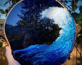 TEXTURED WAVE -  Original Resin Coated Painted on Wood Round