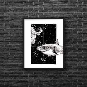 SHARK INFESTED WATERS - 8&quot;x10&quot; Art Print, Inktober Pen and Ink Drawing