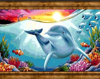 Diagram for cross-stitch embroidery the world of dolphins