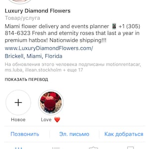 May include: Instagram profile for Luxury Diamond Flowers, a Miami-based flower delivery and event planner. The profile picture shows a red rose arrangement in a hatbox. The profile has 279 posts, 4,368 followers, and 2,385 following. The text on the profile reads: "Miami flower delivery and events planner +1 (305) 814-6323 Fresh and eternity roses that last a year in premium hatbox! Nationwide shipping!!! www.LuxuryDiamondFlowers.com/ Brickell, Miami, Florida"
