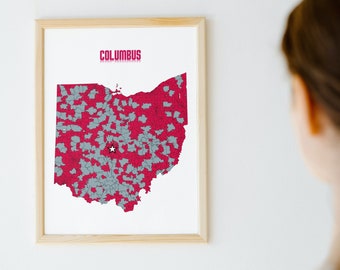 Arte del mapa del estado de Ohio (conjunto de 6) Decoración de la pared de colores escolares - Estado de Ohio, Universidad de Ohio, Toledo, Xavier, Cincinnati, Universidad de Dayton