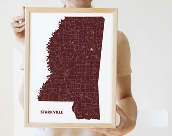 Arte del mapa del estado de Mississippi (conjunto de 5) Decoración de pared de colores escolares - Ole Miss (2), Bulldogs del estado de Mississippi (2), Southern Miss Golden Eagles