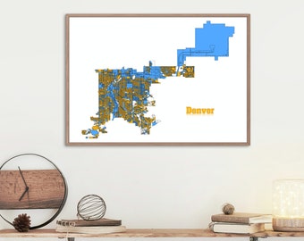 Denver, Colorado Map Art (Conjunto de 5) Decoración de pared - Broncos - Nuggets Retro - Rockies - Avs Avalanche - Blanco y Negro