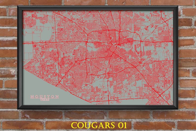 Texas Map Art Houston Rockets Dynamo Oilers Texans Astros Cougars Rice Owls Mancave Dorm Room Superfan Houston