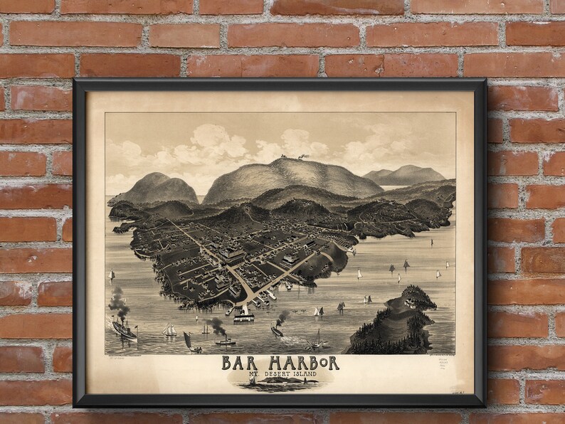 Bangor Maine Antique Maps Old Panoramic Print Vintage Bar Harbor