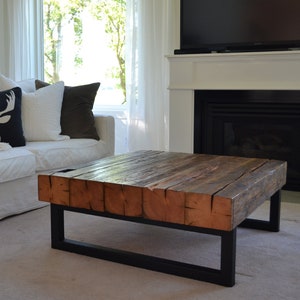 Rustic Barn Beam Farmhouse Table - Reclaimed Wood & Metal Coffee Table for Cabin or Man Cave