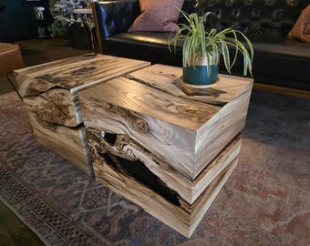Spalted Hackberry Cube Table, Modern Accent Table, Natural Wood