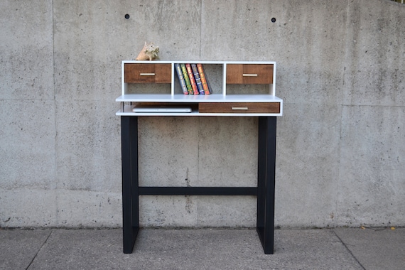 Small White Minimalistic Desk With Drawers And Metal Legs Etsy