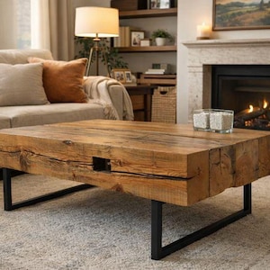 Handcrafted Reclaimed Barn Beam Coffee Table, Metal Legs, Ideal for Man Cave immagine 1