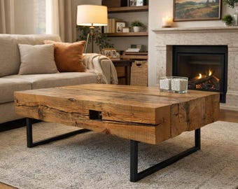 Handcrafted Reclaimed Barn Beam Coffee Table, Metal Legs, Ideal for Man Cave