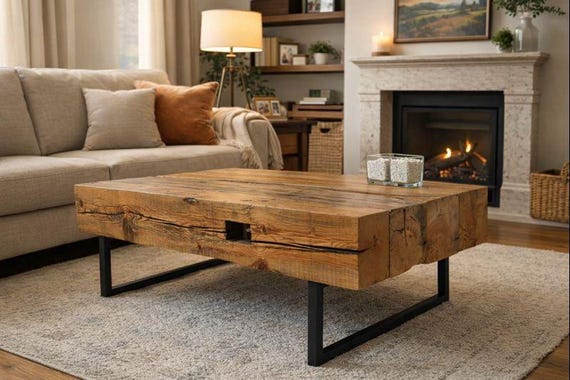 Handcrafted Reclaimed Barn Beam Coffee Table, Metal Legs, Ideal for Man Cave