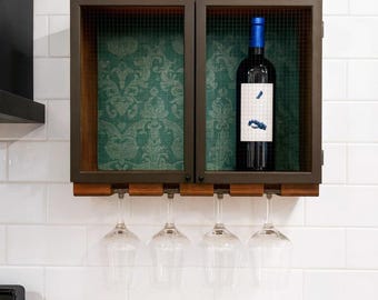 Handmade Wood Wine Cabinet, Stemmed Glass Rack, Mesh Doors, Wallpaper Backing, Display Shelf