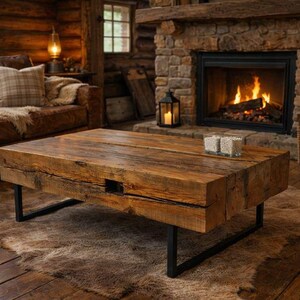 Handcrafted Reclaimed Barn Beam Coffee Table, Metal Legs, Ideal for Man Cave immagine 4