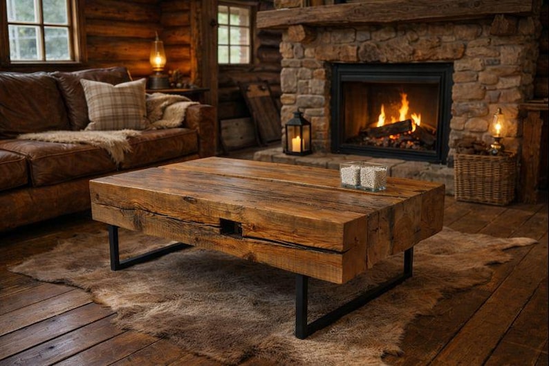 Handcrafted Reclaimed Barn Beam Coffee Table, Metal Legs, Ideal for Man Cave immagine 4