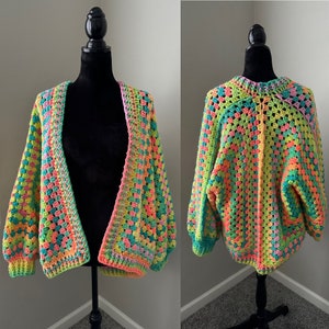 Handmade Hexagon Cardigan, Colorful Cardigan, Hand Crocheted Cardigan, Thick Winter Cardigan, Crocheted Sweater, Granny Square Cardigan