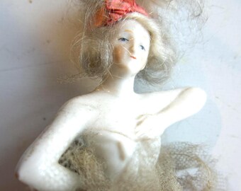 Shabby Chic Porcelain Dancer Half Doll Lampshade: Pink Lace Skirt Display or Repair