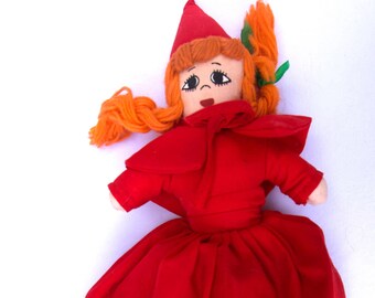 Muñeca de tela vintage de Caperucita Roja, 23 cm, hecha a mano