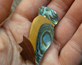 Vintage Abalone Shell Bird Brooch Wood Inlay Carved Artisan Pin 2.5”