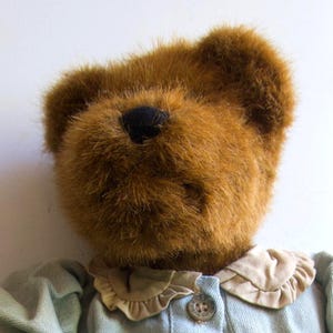 May include: A brown plush teddy bear wearing a light blue dress with short puffed sleeves, a beige ruffled collar, and four brown buttons down the front. The bear has dark brown fur, a black nose, and rounded ears visible above the dress collar.