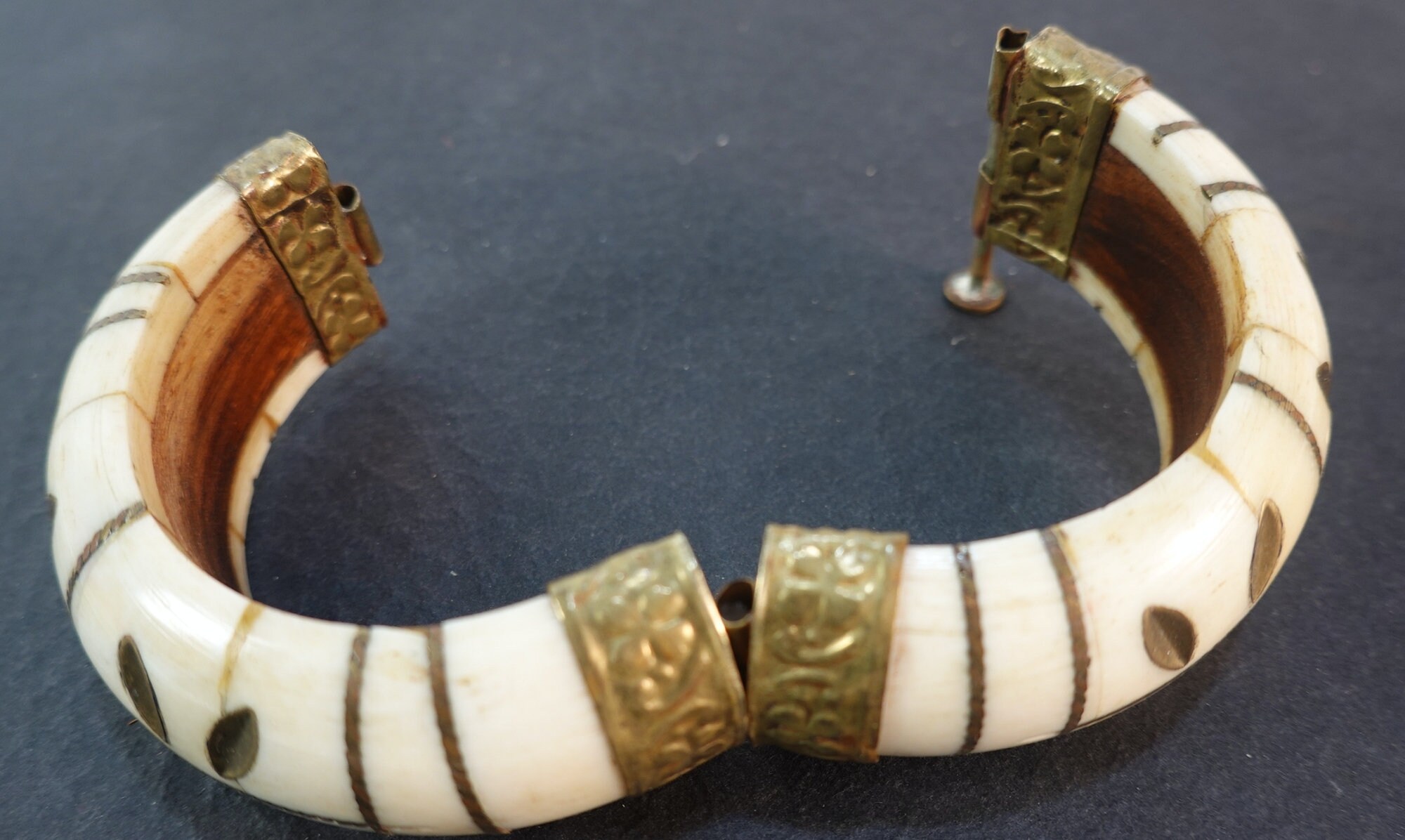 Vintage Bone and Brass Bangle Hand Carved With Locking Hinge Made of