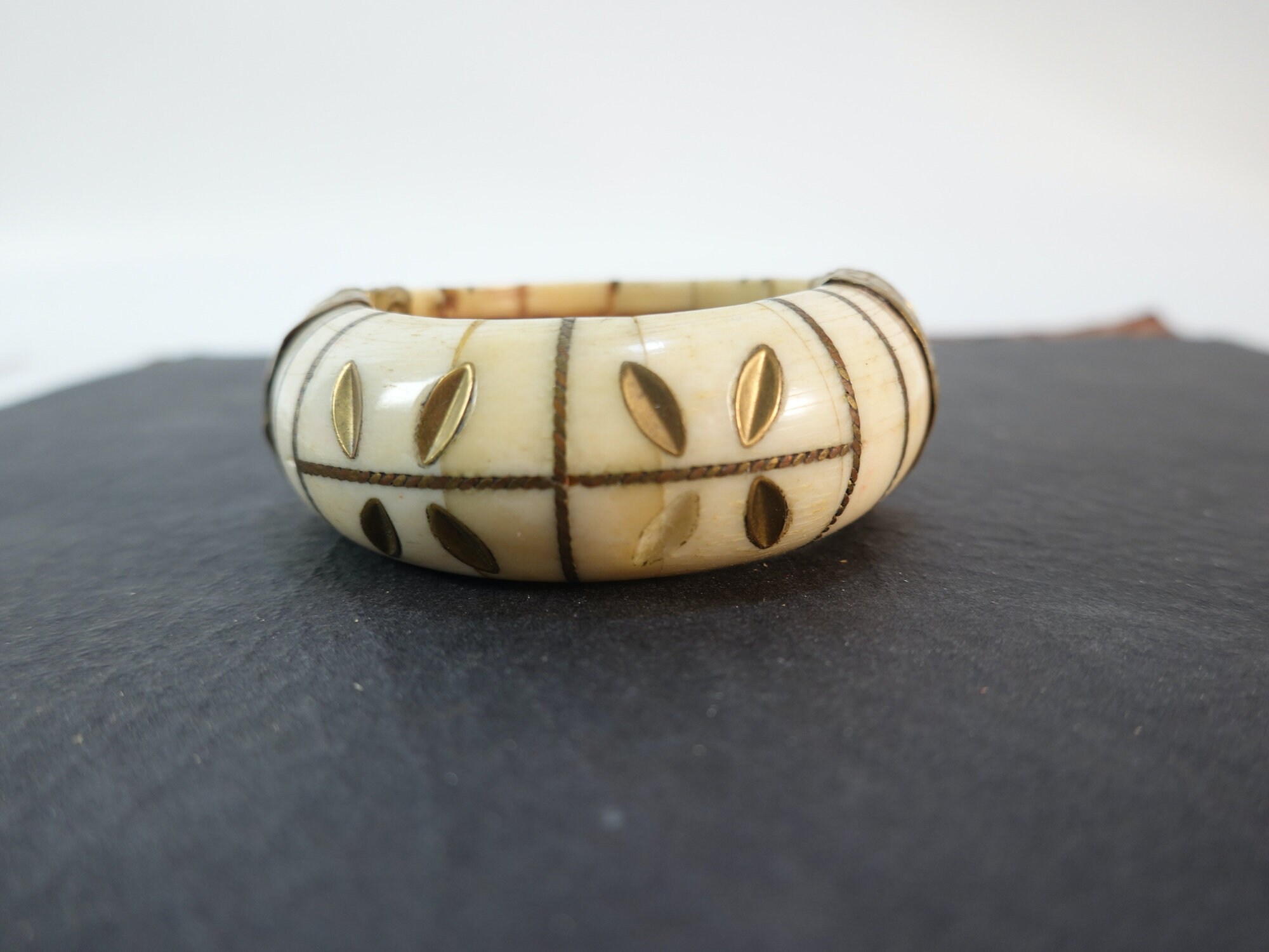 Vintage Bone and Brass Bangle Hand Carved With Locking Hinge Made of