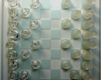 Glass Chess Set Clear Frosted Pieces Complete Board Strategy Game Display