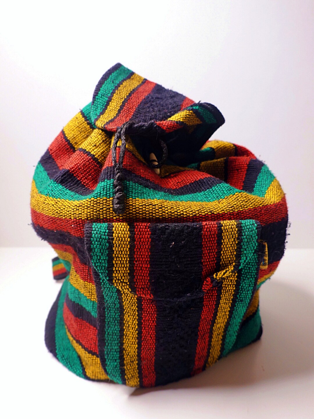 Bohemian Pinzon Woven Drawstring Backpack Multi Color Stripes Triba DO NOT BUY Vintage Mexican Woven Backpack Boho Rasta Stripe Drawstring  main image 3