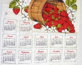 1980 Strawberry Calendar Tea Towel Vintage Linen Kitchen Decor