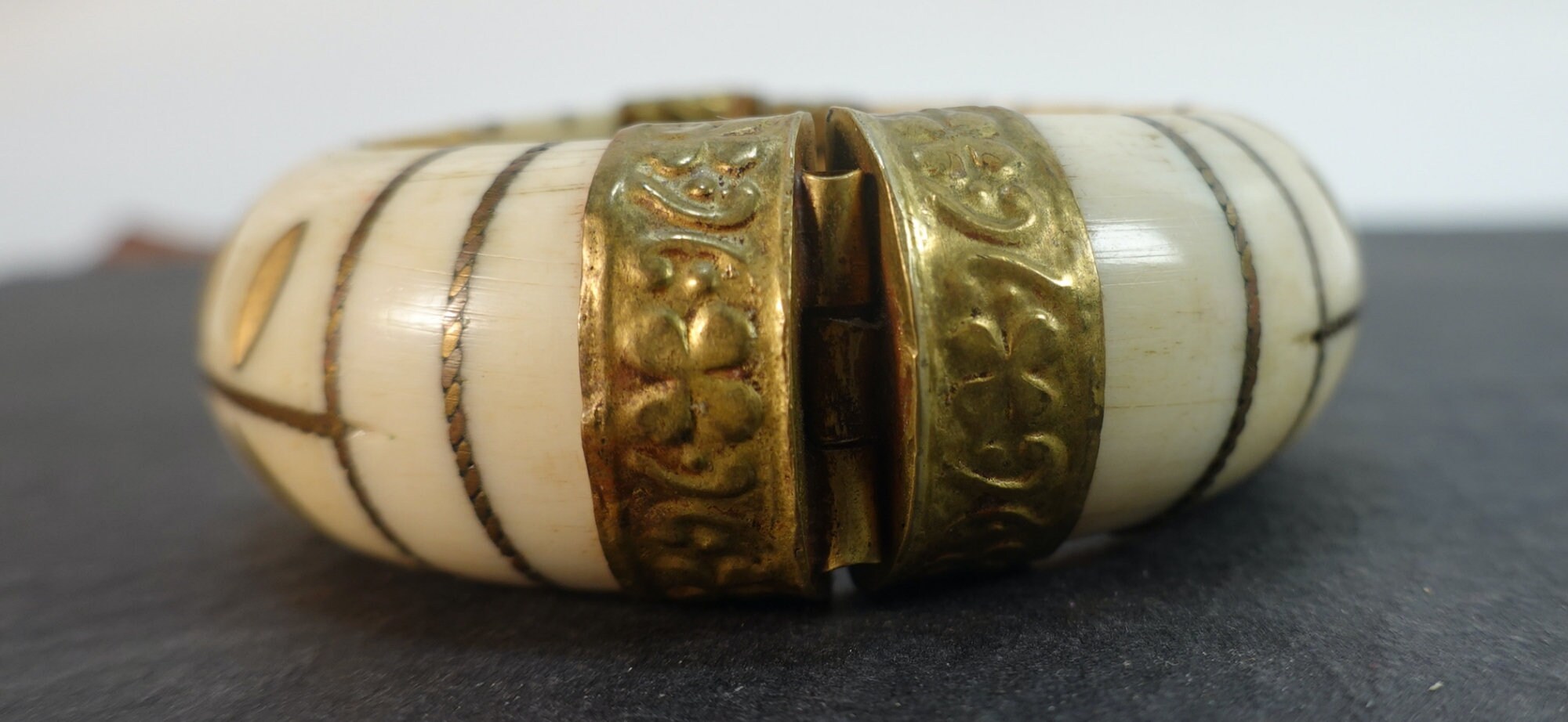 Vintage Bone and Brass Bangle Hand Carved With Locking Hinge Made of