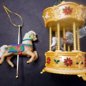 Vintage 1996 Tobin Fraley Carousel Light and Sound Ornament by Hallmark and Vintage Avon Carousel Horse Ornament