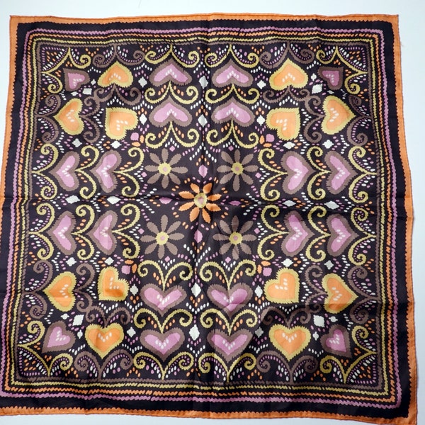 Vintage Silky Hearts and Flowers Pattern Square Handkerchief Bandanna Headscarf Orange Brown Purple Gold