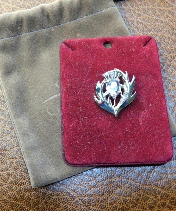 Scottish Thistle Brooch Art Pewter Amethyst Glass Stone Made in Scotland w/ Pouch