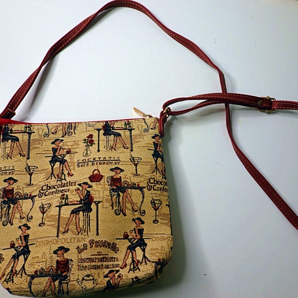 Vintage Signora Tapestry Crossbody Shoulder Purse Paris Cosmopolitan Cafe Scene