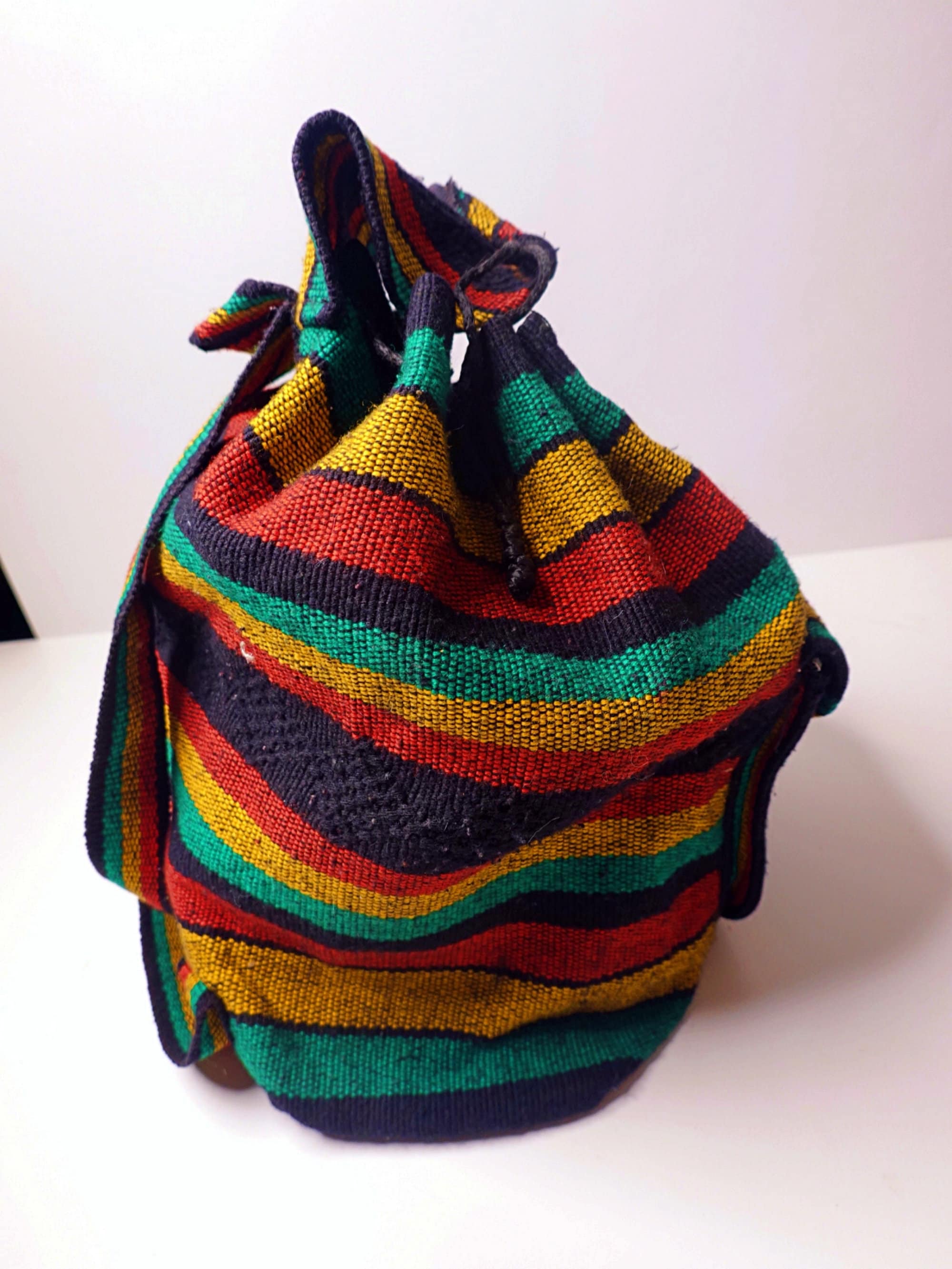 Bohemian Pinzon Woven Drawstring Backpack Multi Color Stripes Triba DO NOT BUY Vintage Mexican Woven Backpack Boho Rasta Stripe Drawstring  main image 2
