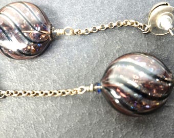 Vintage Hand-Blown Purple Glass Drop Earrings – Confetti Orb Design