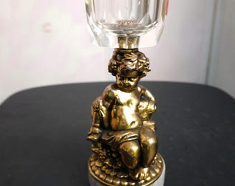 Vintage Brass Cherub Marble Base Cut Crystal Lighter Hollywood Regency Decor