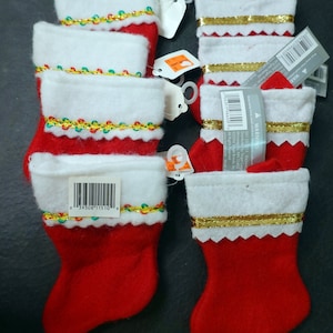 Lot of 8 Vintage Red & White Felt Miniature Stocking Ornaments with 2 different ribbon details around the top of the stockings