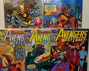 Lot of 5 Vintage Avengers West Coast Comic Books by Marvel MCU Universe Copper Age 1989 to 1990 #s 51 52 53 54 & 57