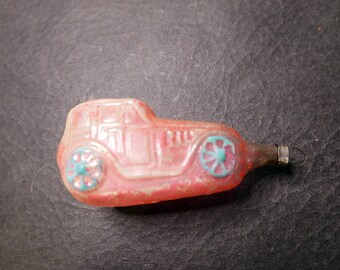 Vintage German Figural Pink Blown Glass Car with Blue Wheels in RARE Fantastic Condition