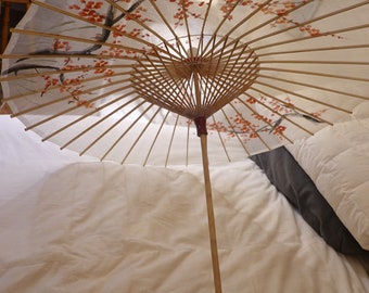 PRICE CUT! Beautiful Vintage Parasol Silk with Bamboo Handle Perfect Condition with Orange & Brown Botanical Design on Cream Background