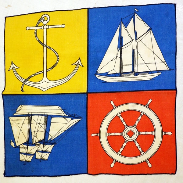 Vintage Nautical Themed Scarf Cotton Linen Handkerchief With Two Boats An Anchor, & Ships Wheel