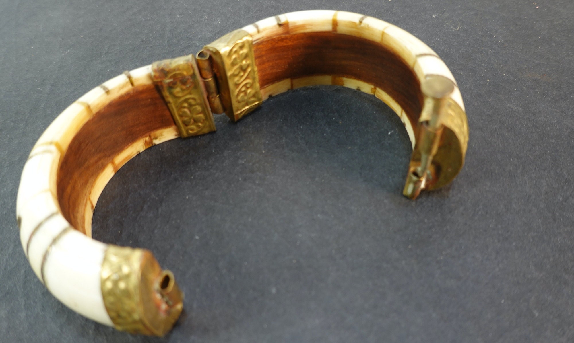 Vintage Bone and Brass Bangle Hand Carved With Locking Hinge Made of