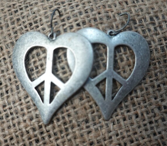 Vintage Matte Silver Heart Peace Sign Earrings, Cut-Out Dangle Design